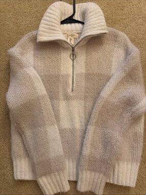 Jessica Simpson Fuzzy Half-Zip Pullover Sweater - Neutral Plaid Size M